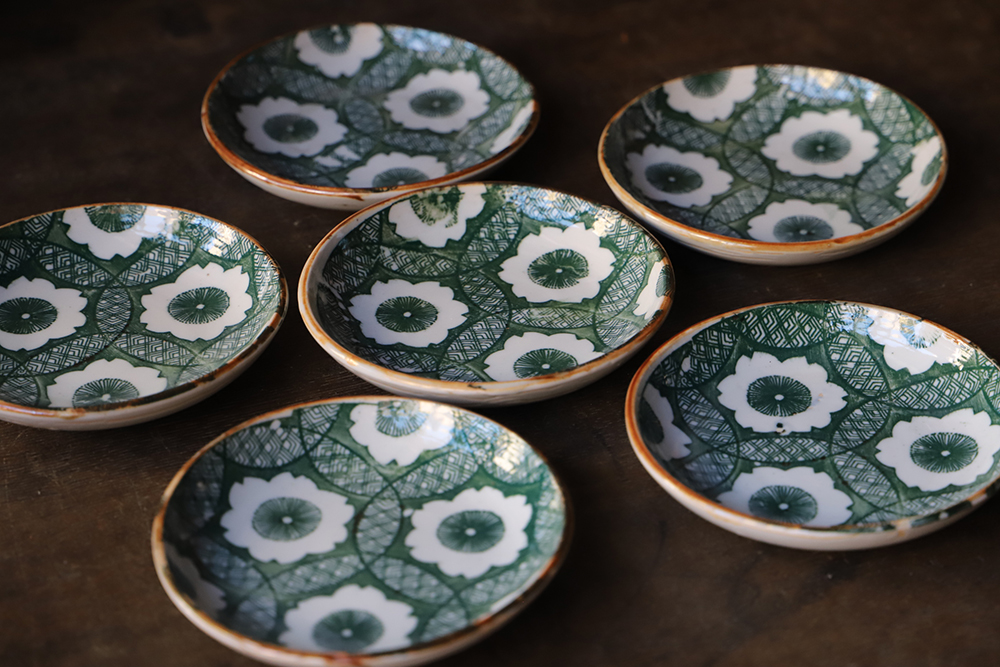 桜の七宝パターンの緑印判小皿6客セット