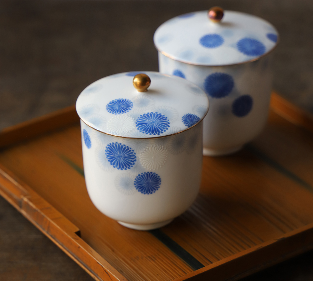 オールドノリタケ 日本陶器製 青菊の可愛い蓋付湯呑